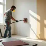 A home owner sanding drywall