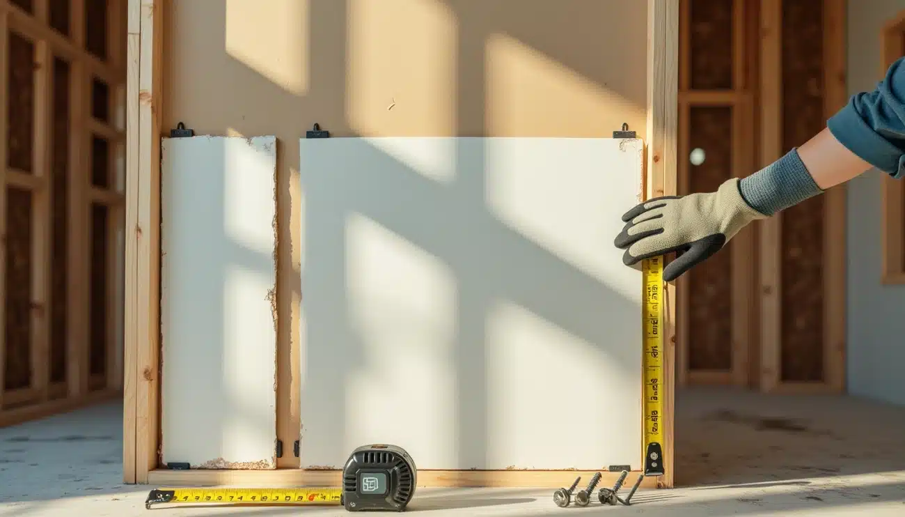 Contractor showing different thicknesses of drywall.