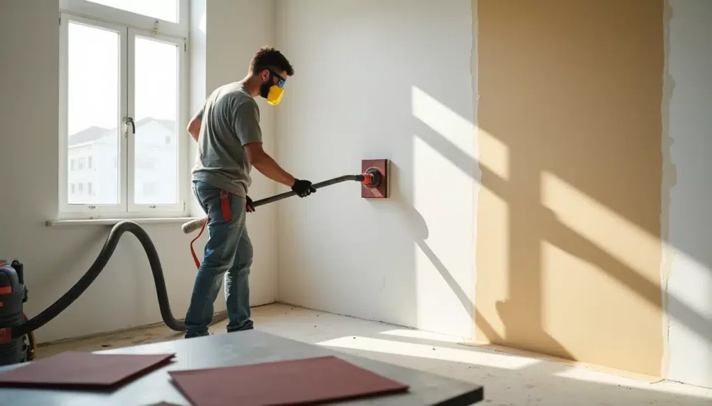 A home owner sanding drywall