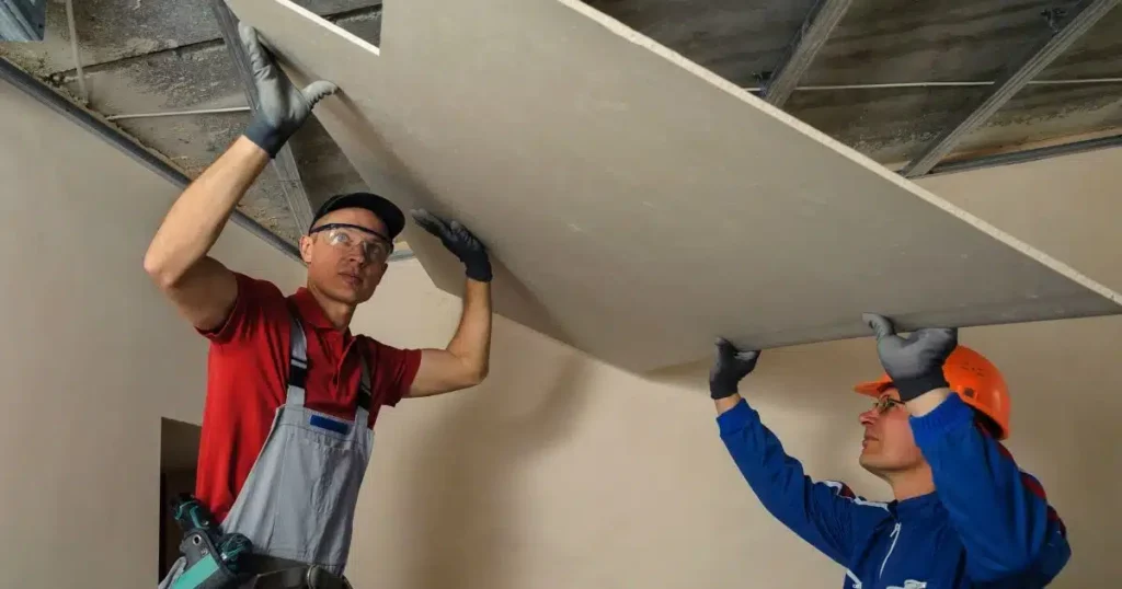 Handymen installing sheetrock.