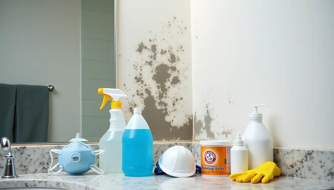 Black mold on drywall with cleaning supplies in front.