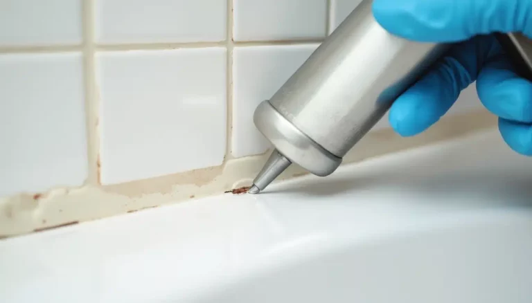 Contractor applying caulking to a bathtub.