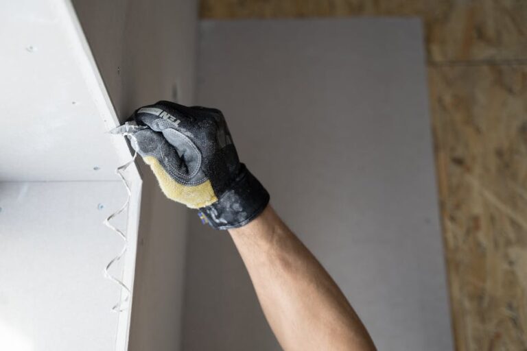 Close-up of drywall being repaired with plaster